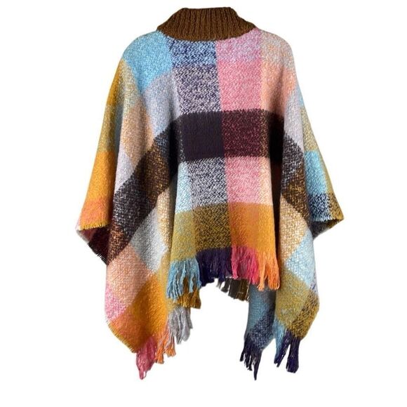 NEW Spring Colors Plaid Fringe Trim Poncho OS - Picture 2 of 10